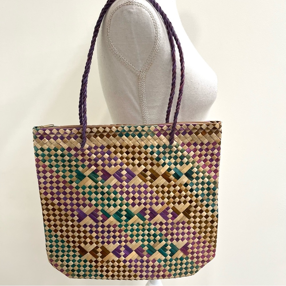 handwoven pandan straw tote handbag bayong made in the Philippines purple green